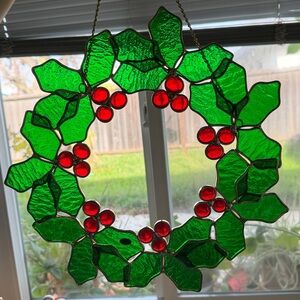 Vintage Glass Green and Red Holly Wreath
